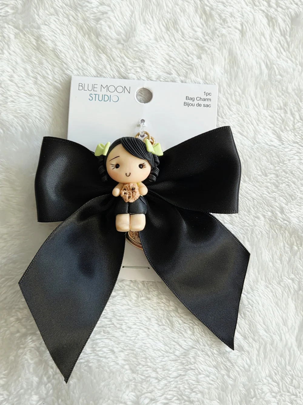 Black Bow Clay Doll With Cookie Bag Charm Adorable Keychain